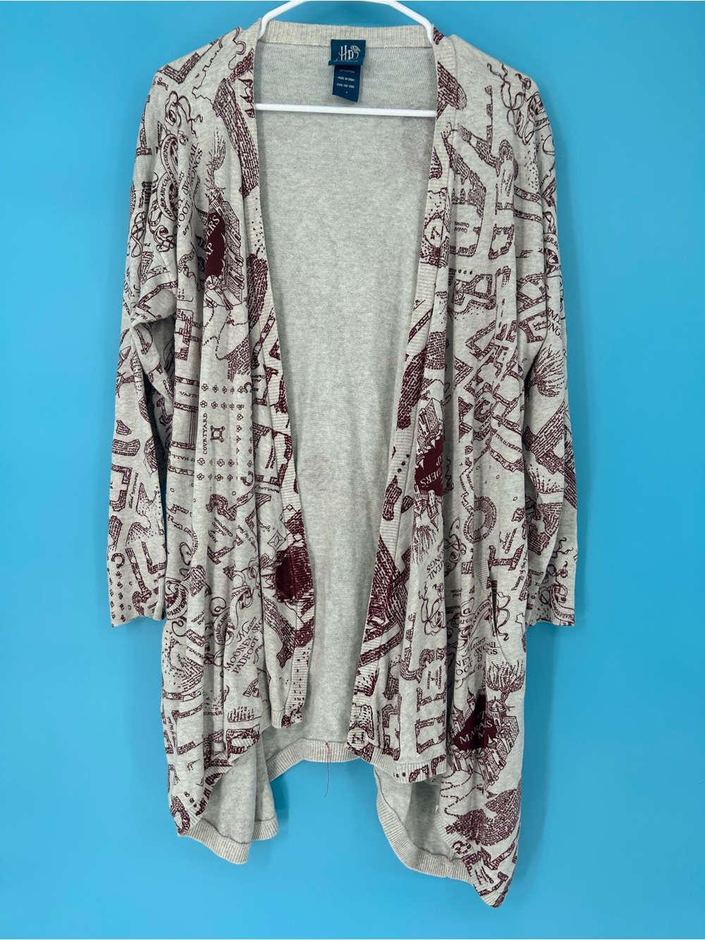 Harry Potter Open-Front Beige Cardigan with Burgundy Print
